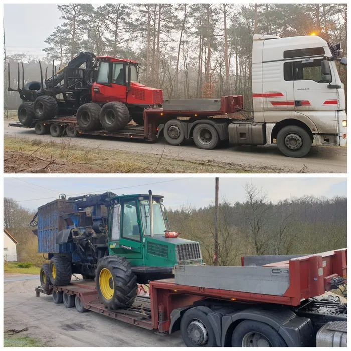 Dwa ujęcia: ciężarówka z naczepą przewożąca czerwony harwester i zielony forwarder, oba pojazdy do prac leśnych, na tle drzew.