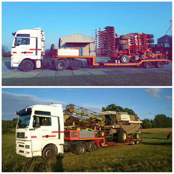 Dwa ujęcia białej ciężarówki MAN z czerwoną linią, transportującej sprzęt rolniczy na niskopodwoziowej platformie: górne ujęcie przedstawia agregat uprawowy na betonowej nawierzchni, a dolne...