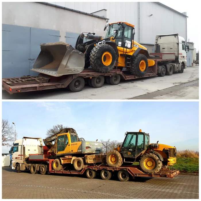 Dwa ujęcia transportu niskopodwoziowego z załadunkiem: na górnym zdjęciu żółta ładowarka JCB na naczepie, ciągnięta przez białą ciężarówkę; na dolnym zdjęciu na naczepie załadowano koparkę Volvo...