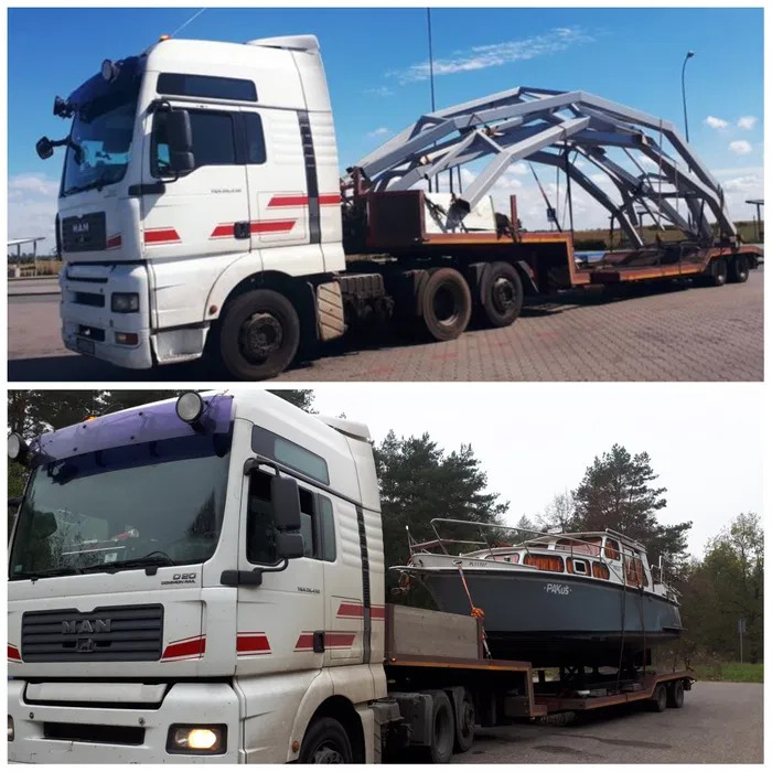 Zestawienie dwóch zdjęć: na górnym biały ciągnik MAN przewozi na niskopodwoziowej platformie stalową konstrukcję, na dolnym ten sam ciągnik przewozi łódź motorową.