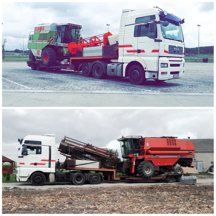 Dwa ujęcia transportu kombajnów rolniczych na niskopodwoziowych naczepach ciągniętych przez białe ciągniki MAN z czerwonymi akcentami.