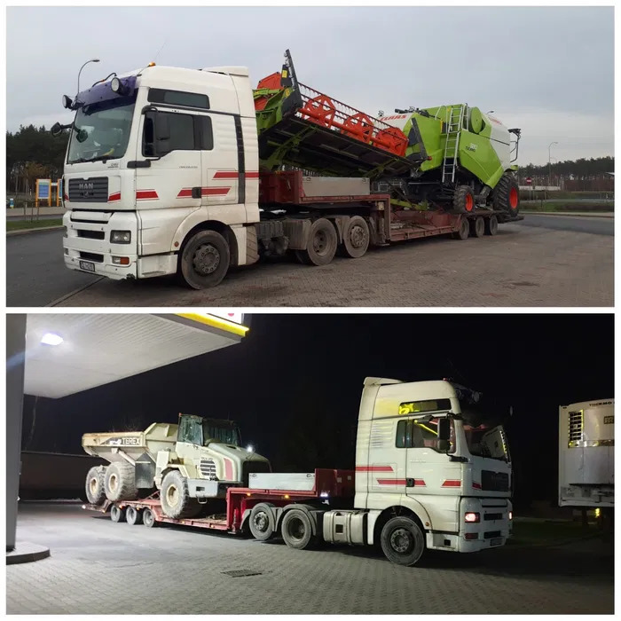 Dwa zdjęcia: górne przedstawia transport kombajnu rolniczego na niskopodwoziowej naczepie ciągniętej przez biały ciągnik MAN, a dolne transport wywrotki budowlanej na naczepie niskopodwoziowej...