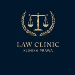 Logo Law Clinic: złote wagi sprawiedliwości otoczone wieńcem laurowym na granatowym tle, poniżej napis 'LAW CLINIC' i 'KLINIKA PRAWA'.