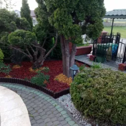 Ogród w Łomży z ozdobnymi drzewami iglastymi, rabatami wyłożonymi korą w różnych kolorach, kamienną ścieżką i oświetleniem ogrodowym.