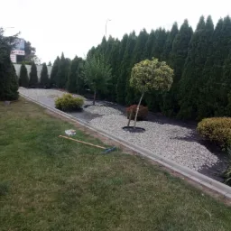 Świeżo założony ogród z równo posadzoną linią tuj, ozdobnymi krzewami i wysypanym białym grysem na czarnej agrowłókninie, widoczny grabie ogrodowe na trawniku.