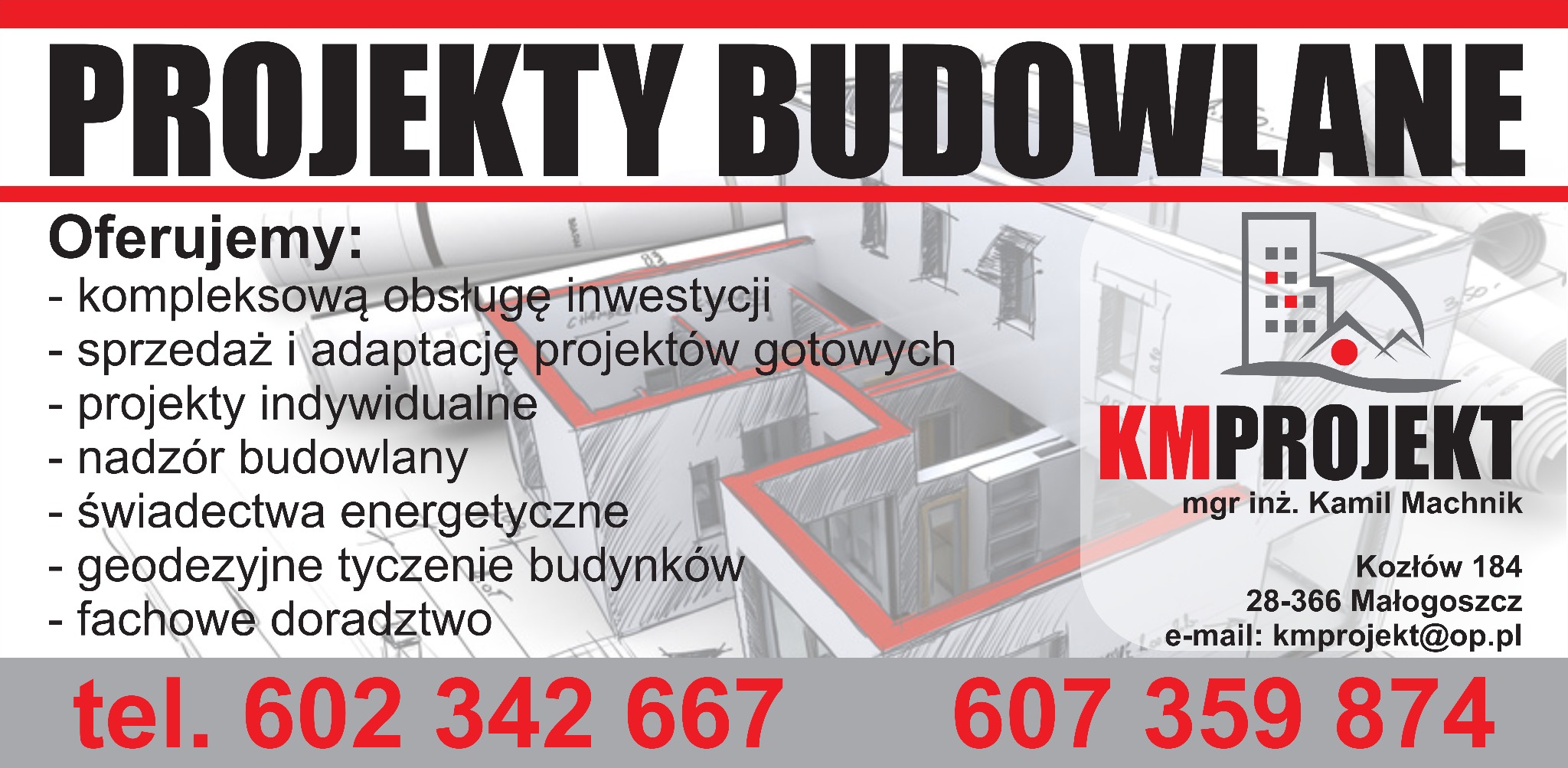 Grafika reklamowa firmy budowlanej z wizualizacją wnętrza domu, logo firmy KMProjekt i listą oferowanych usług budowlanych oraz numerami telefonów.