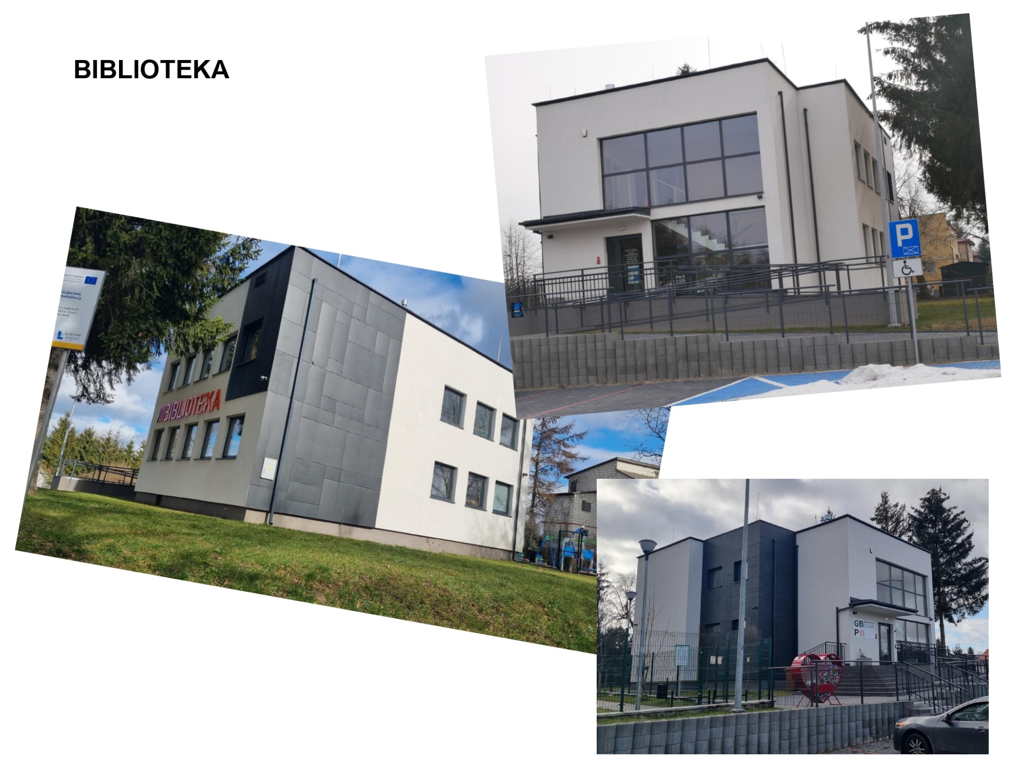 Fotografia kolażowa przedstawiająca budynek Biblioteki Publicznej i Świetlicy Środowiskowej w Jastkowie z różnych perspektyw, ukazująca architekturę budynku, otoczenie oraz elementy infrastruktury,...