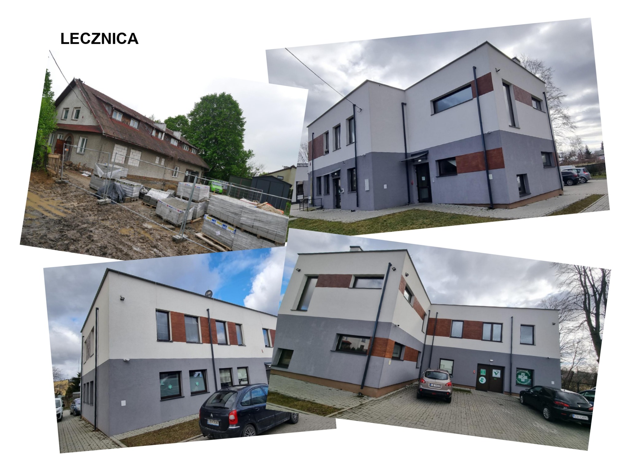 Fotokolaż przedstawiający przebudowę budynku lecznicy weterynaryjnej w Lublinie na lokale usługowe i mieszkania socjalne: widok przed i po remoncie, z detalami elewacji i otoczenia.