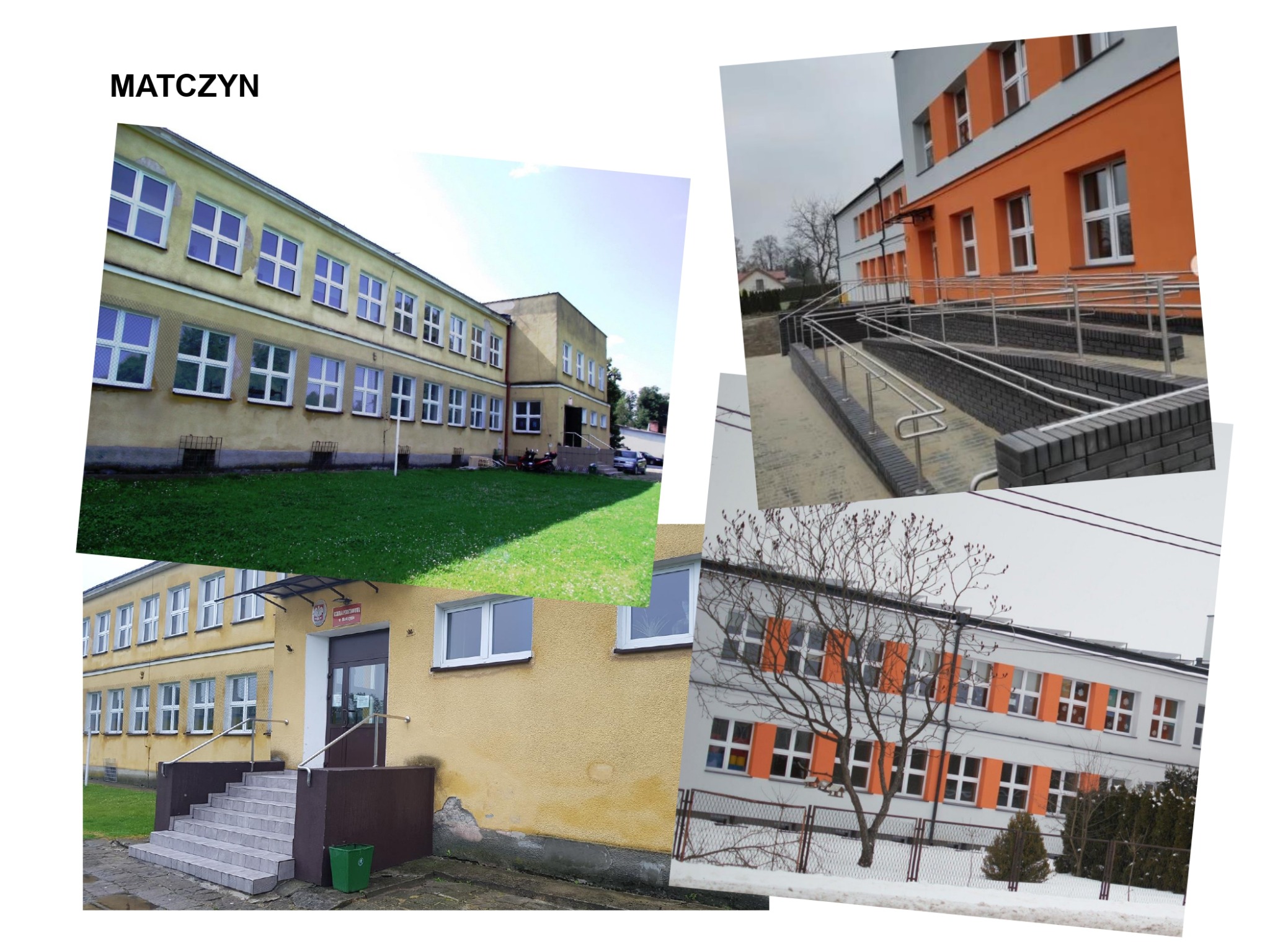 Fotokompozycja przedstawiająca budynek Szkoły Podstawowej w Matczynie przed i po termomodernizacji: widok ogólny elewacji w odcieniach żółci oraz fragment odnowionej fasady z pomarańczowymi...