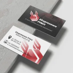 Dwie wizytówki firmy kurierskiej Ekspresowa-Paka z logo w kolorze czerwonym, leżące na jasnoszarym tle imitującym beton.