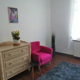 Jasny pokój z drewnianą komodą z kwiatami, różowym fotelem, ciemnym dywanem i dekoracjami okiennymi, tworzący przytulną przestrzeń.