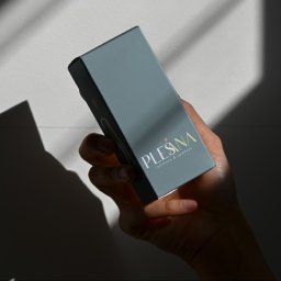 TRZEŚNIEWSKI VISUAL DAWID TRZEŚNIEWSKI - Dłoń trzyma pudełko z logo Plesana w naturalnym świetle. Minimalistyczny design, szaro-zielone tło, wyraźne cienie tworzą kontrast. Subtelna elegancja.