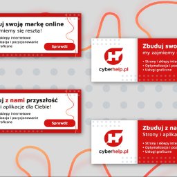TRZEŚNIEWSKI VISUAL DAWID TRZEŚNIEWSKI - Dwa zestawy banerów internetowych Cyberhelp.pl w czerwono-białej kolorystyce, z hasłami 'Zbuduj swoją markę online' i 'Zbuduj z nami przyszłość'.