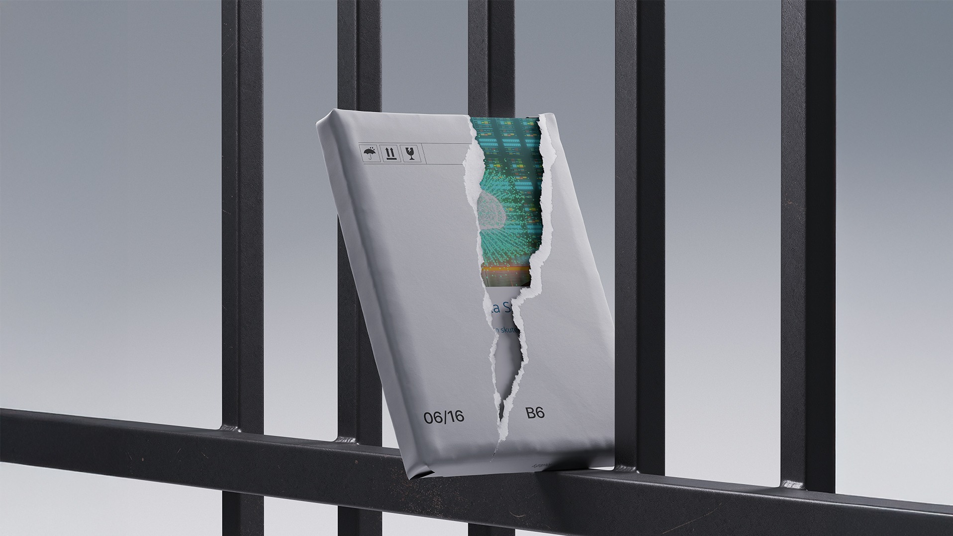 Raptowny raport w podartej kopercie, prezentujący wizualizację danych, umieszczony na tle metalowych prętów. Widoczne symbole ostrzegawcze i oznaczenie 'B6'.