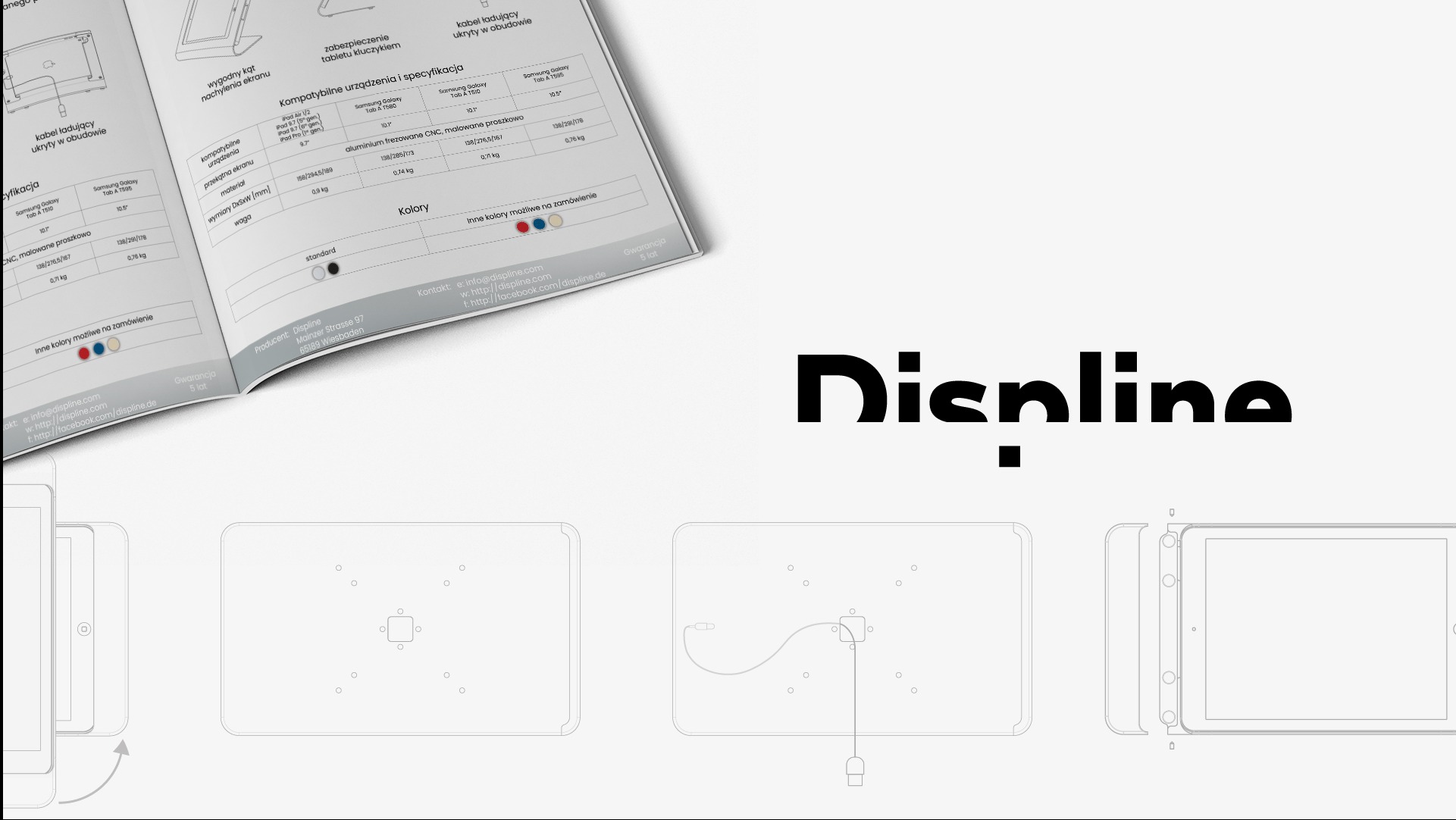 Katalog produktowy Displine prezentujący specyfikacje i schematy montażowe obudów tabletów. Widoczne dane techniczne, wymiary i kolory. Minimalistyczny design.