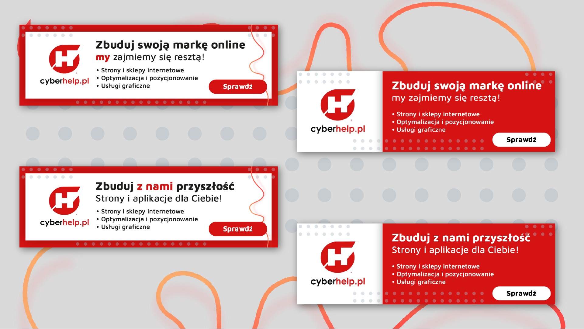 Dwa zestawy banerów internetowych Cyberhelp.pl w czerwono-białej kolorystyce, z hasłami 'Zbuduj swoją markę online' i 'Zbuduj z nami przyszłość'.