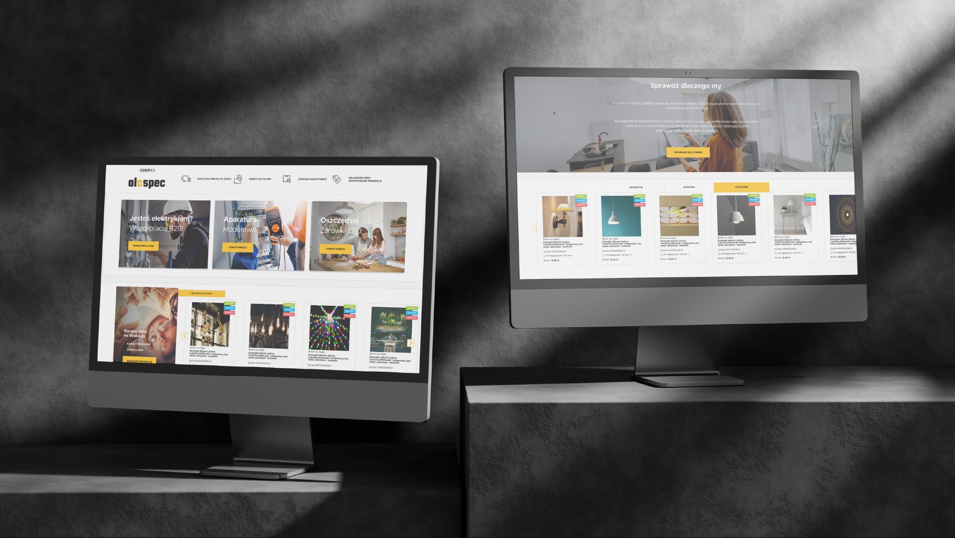 Dwa monitory prezentują stronę sklepu internetowego alespec.pl z ofertą oświetlenia i artykułów elektrycznych. Szary, teksturowany stół i tło.