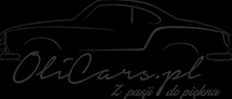 Logo firmy OliCars.pl z konturem klasycznego samochodu i hasłem 'Z pasji do piękna' na czarnym tle.