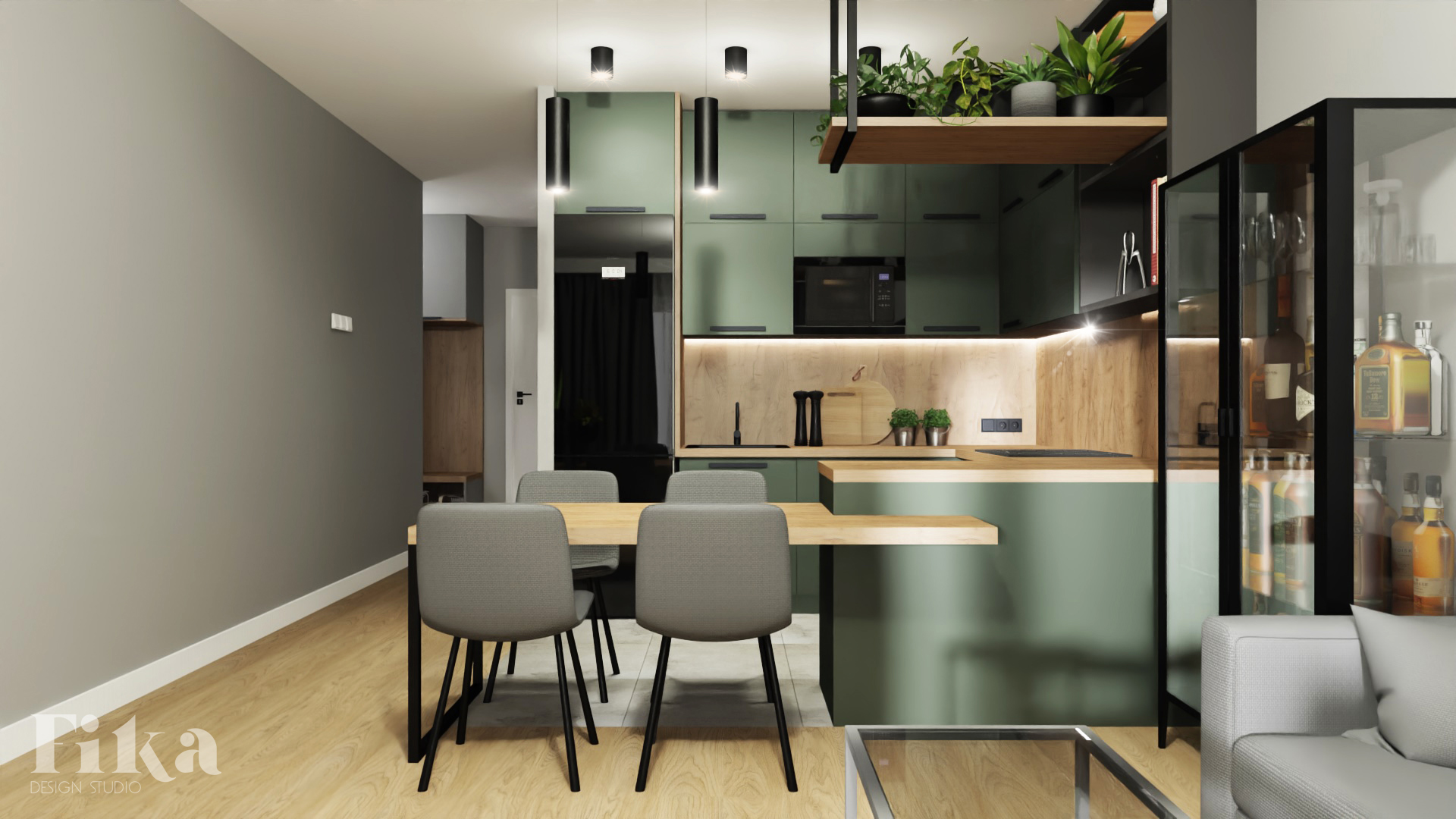 Wizualizacja wnętrza mieszkania: zielona zabudowa kuchenna z drewnianym blatem, stół z czterema szarymi krzesłami, przeszklona witryna z alkoholem, dekoracyjne rośliny doniczkowe na półce.