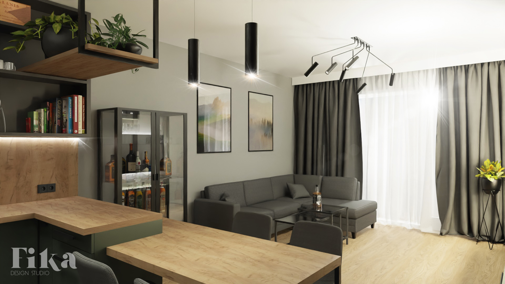Wizualizacja wnętrza mieszkania: salon z aneksem kuchennym, szara sofa narożna, drewniany stół, czarne lampy wiszące, rośliny doniczkowe i przeszklona witryna z alkoholem.