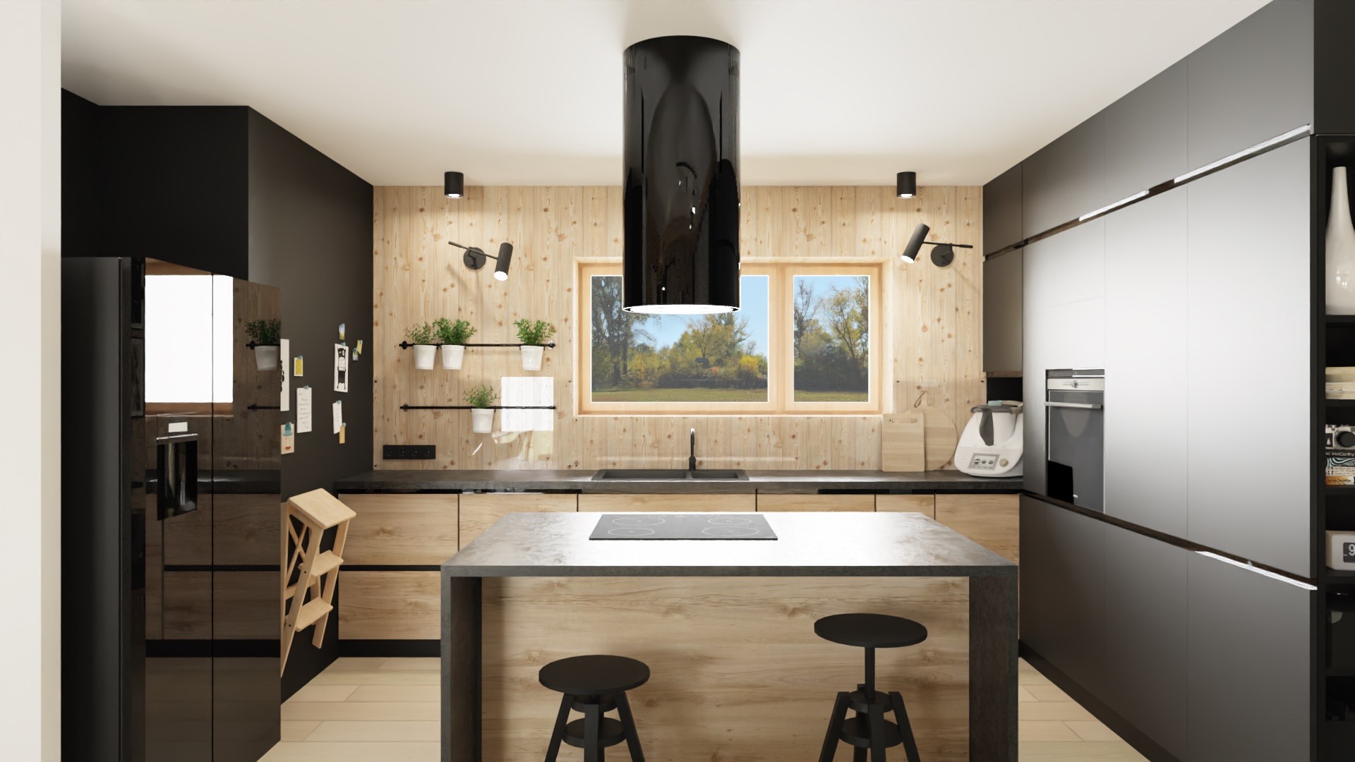 Nowoczesna kuchnia z wyspą, drewnianymi frontami szafek i czarnymi akcentami, widok na ogród przez okno