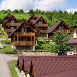 Kompleks drewnianych domków z balkonami, położonych na wzgórzu, z brukowaną drogą dojazdową i widokiem na góry w tle.