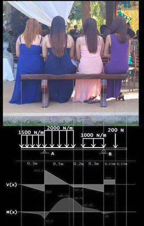 Schemat obciążeń belki statycznie wyznaczalnej, nałożony na zdjęcie czterech kobiet w sukienkach siedzących na ławce.