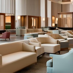 ZABŁYSZCZ Damian Błyszcz - Eleganckie, beżowe sofy i fotele z tapicerowanymi siedziskami w przestronnym, hotelowym lobby z wzorzystą wykładziną podłogową i dekoracyjnymi panelami ściennymi.