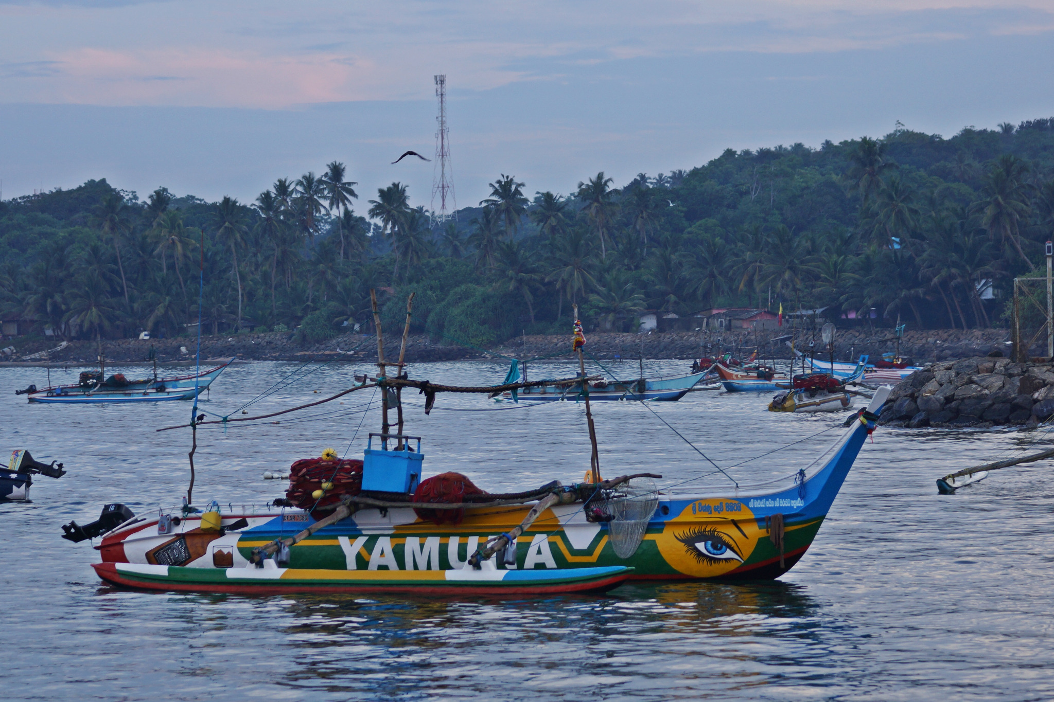 Kolorowa łódź rybacka z namalowanym okiem na burcie, zacumowana w porcie, z palmami i wieżą telekomunikacyjną w tle, Sri Lanka, widok z Gdańska.