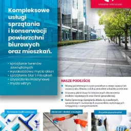 Plakat reklamowy firmy oferującej kompleksowe usługi utrzymania czystości, z widokiem na nowoczesny biurowiec i fragment chodnika z drzewami, uzupełniony o zbliżenia na środki czystości...