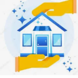 Ilustracja domu w dłoniach w rękawicach, otoczonego błyszczącymi gwiazdkami, sugerująca ochronę i czystość.