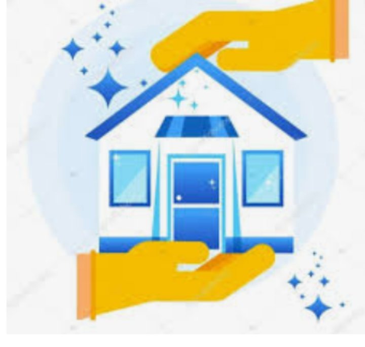 Ilustracja domu w dłoniach w rękawicach, otoczonego błyszczącymi gwiazdkami, sugerująca ochronę i czystość.