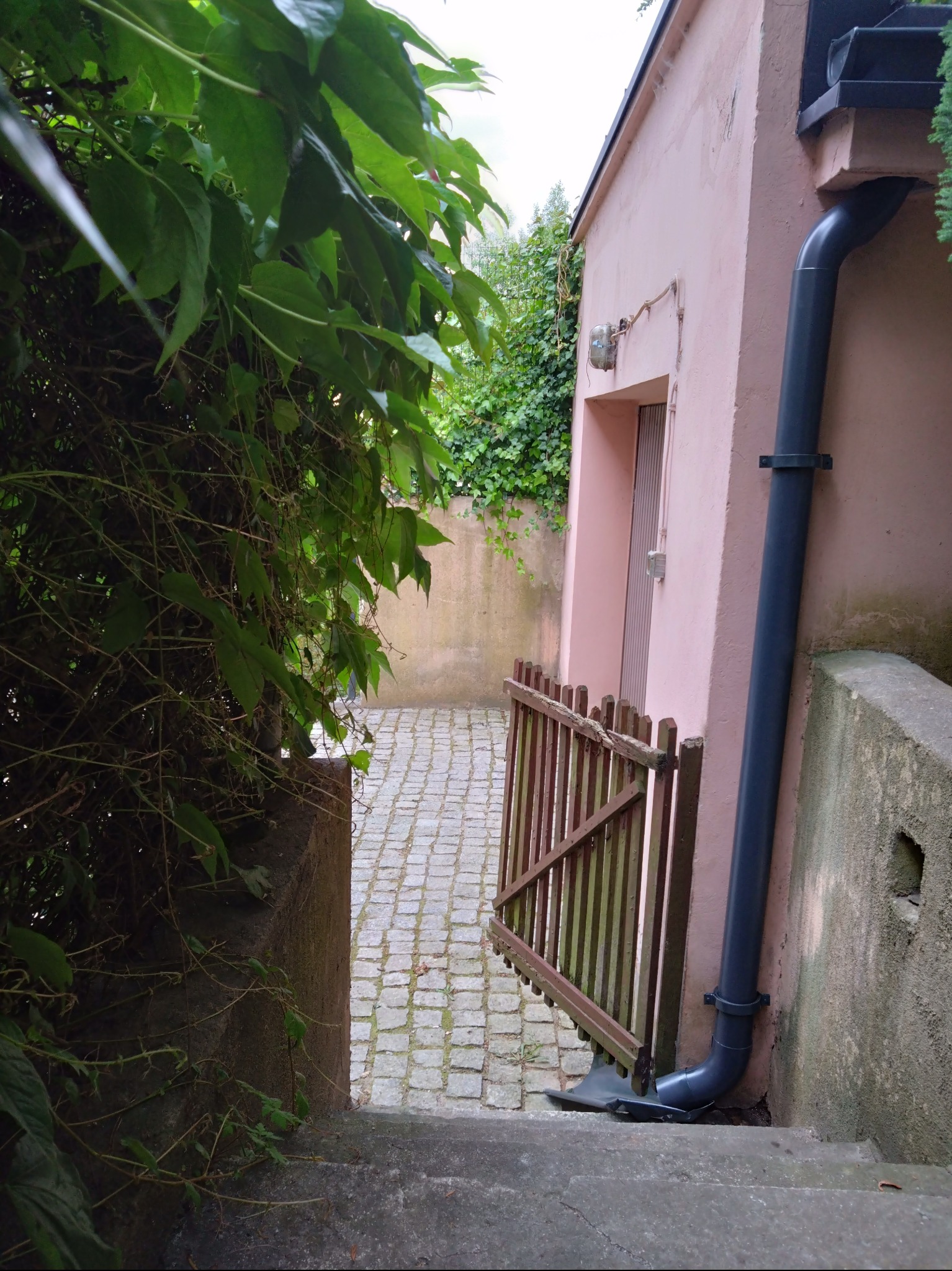 Rynna spustowa z szarego tworzywa sztucznego przy różowej ścianie budynku, obok drewnianego płotku i zejścia po schodach na wybrukowany dziedziniec.