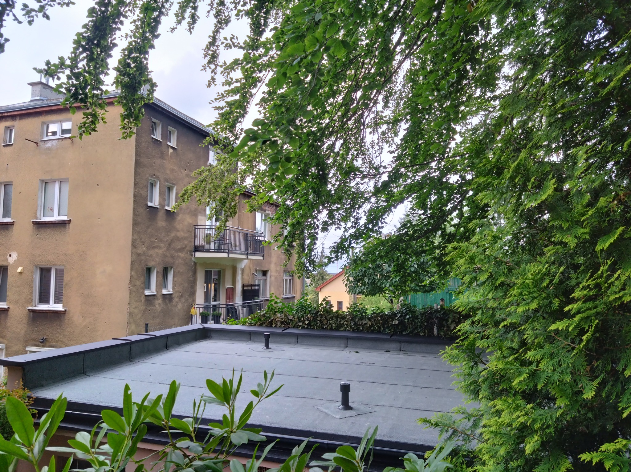 Płaski dach budynku wielorodzinnego widziany z góry, z elementami wentylacyjnymi, otoczony zielenią drzew i krzewów. Tło stanowi zabudowa miejska.