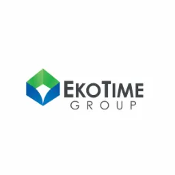 Logo firmy EkoTime Group z abstrakcyjnym symbolem w kształcie sześcianu z elementami w kolorze zielonym i niebieskim.