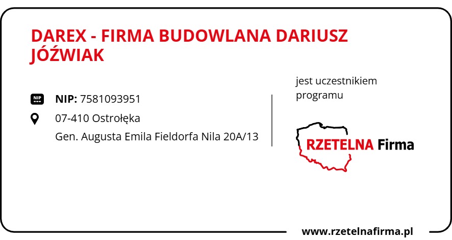Wizytówka firmy budowlanej Darex z Ostrołęki, NIP, adres i logo programu Rzetelna Firma. Minimalistyczny design, białe tło, czarny tekst z czerwonym akcentem w logo.