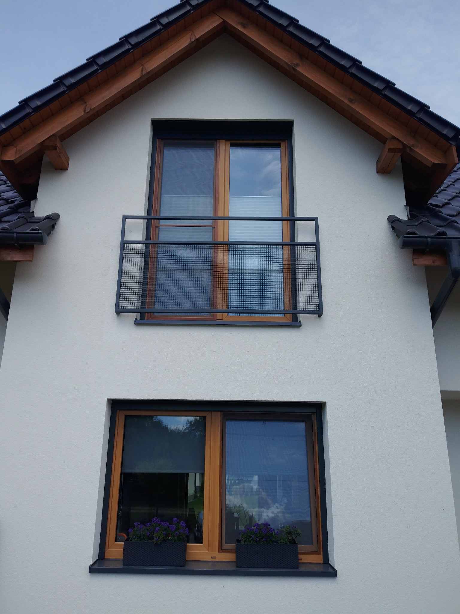 Elewacja domu jednorodzinnego z oknem balkonowym zabezpieczonym czarną, metalową balustradą o prostej konstrukcji. Pod oknem na parterze widoczne donice z fioletowymi kwiatami.