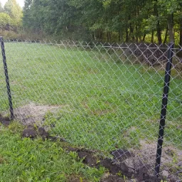 Świeżo zainstalowane ogrodzenie z siatki, widoczne czarne słupki i ziemia wokół nich, trawa oraz drzewa w tle.