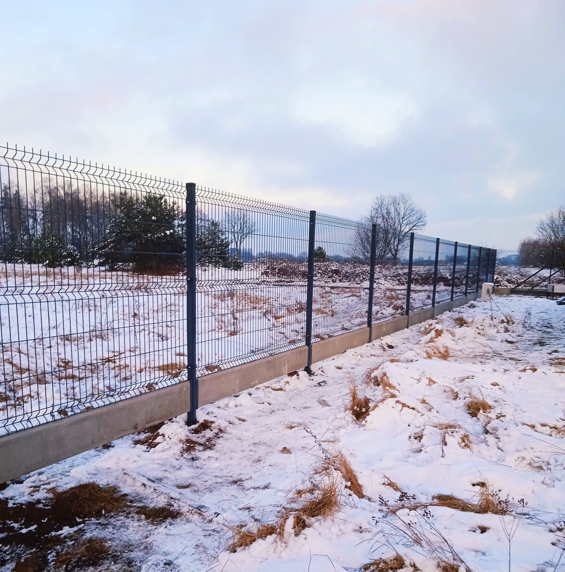 Nowe ogrodzenie panelowe na betonowej podmurówce w zimowym krajobrazie, widoczne drzewa w tle.