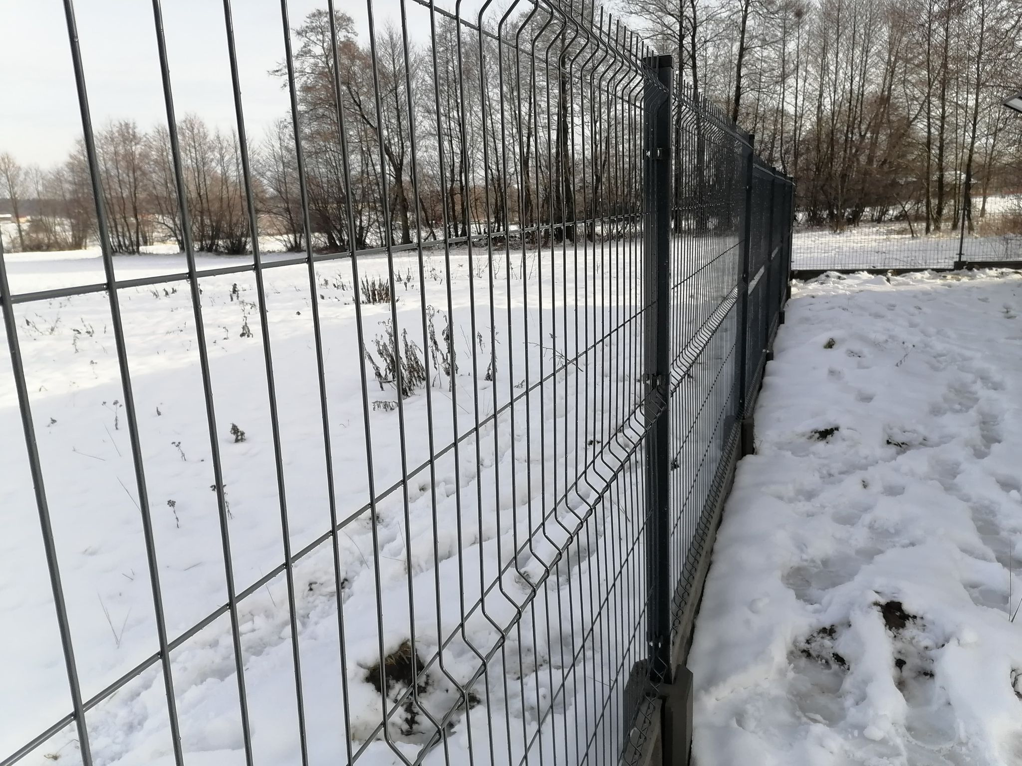 Nowoczesne, metalowe ogrodzenie panelowe w kolorze grafitowym, otoczone śniegiem, z widocznymi drzewami w tle.