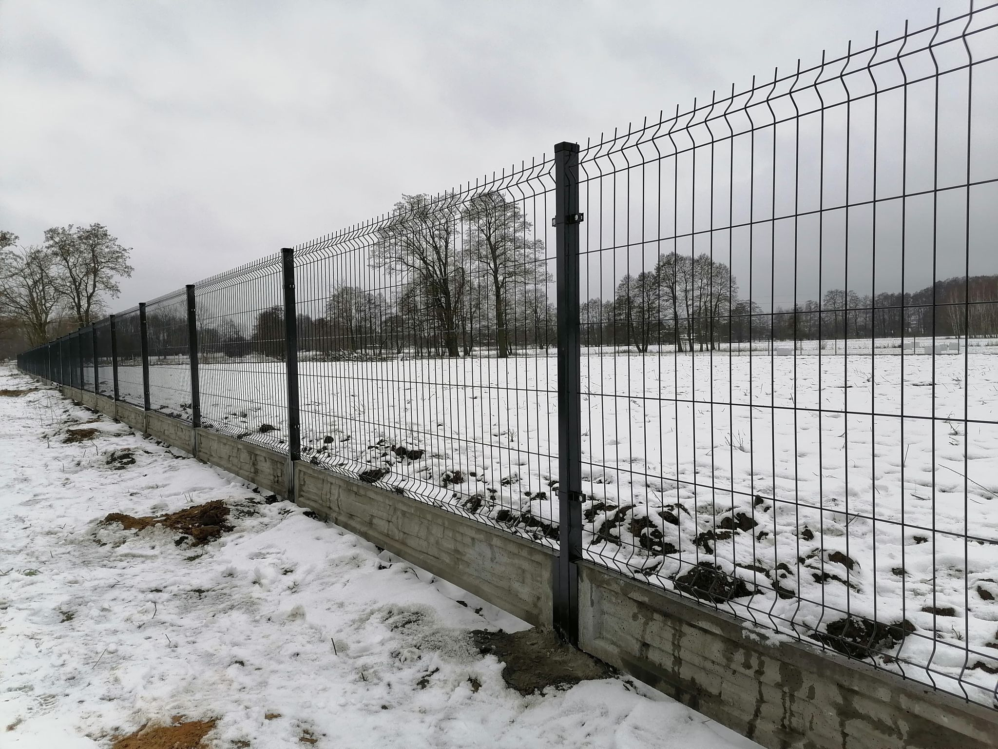 Długi, czarny panelowy system ogrodzeniowy na betonowej podmurówce w zimowym krajobrazie. Świeżo zamontowane słupki ogrodzeniowe w gruncie. W tle drzewa bez liści i pole pokryte śniegiem.
