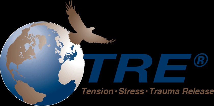Logo TRE (Tension, Stress, Trauma Release) z globusem i orłem w locie na czarnym tle.