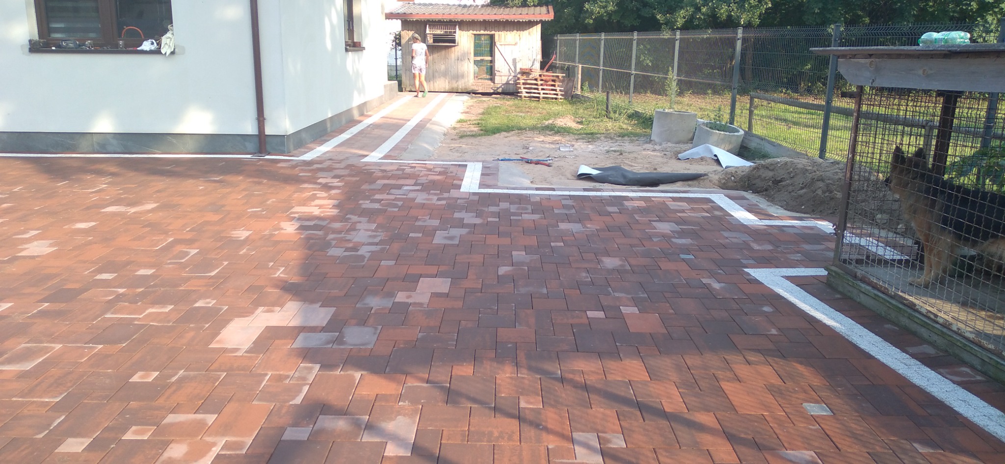 Ułożona kostka brukowa w odcieniach brązu z białymi obrzeżami, widok na dom z oknem i rynną, w tle budynek gospodarczy, teren częściowo przygotowany pod dalsze prace, pies w klatce w prawym rogu.