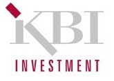 Szare logo KBI Investment z czerwonym akcentem graficznym nad literą K.