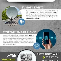 Grafika reklamowa firmy MrSukces: montaż anten TV SAT i DVB-T2, systemy smart home, kontakt, darmowa wycena. Antena satelitarna na dachu, smartfon z aplikacją.