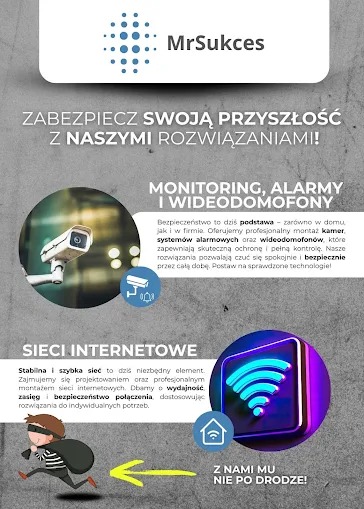 Grafika reklamowa: monitoring, alarmy, wideodomofony i sieci internetowe. Kamera monitoringu, ikona WiFi i złodziej z workiem pieniędzy. Zabezpiecz przyszłość!