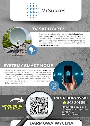 Grafika reklamowa firmy MrSukces: montaż anten TV SAT i DVB-T2, systemy smart home, kontakt, darmowa wycena. Antena satelitarna na dachu, smartfon z aplikacją.
