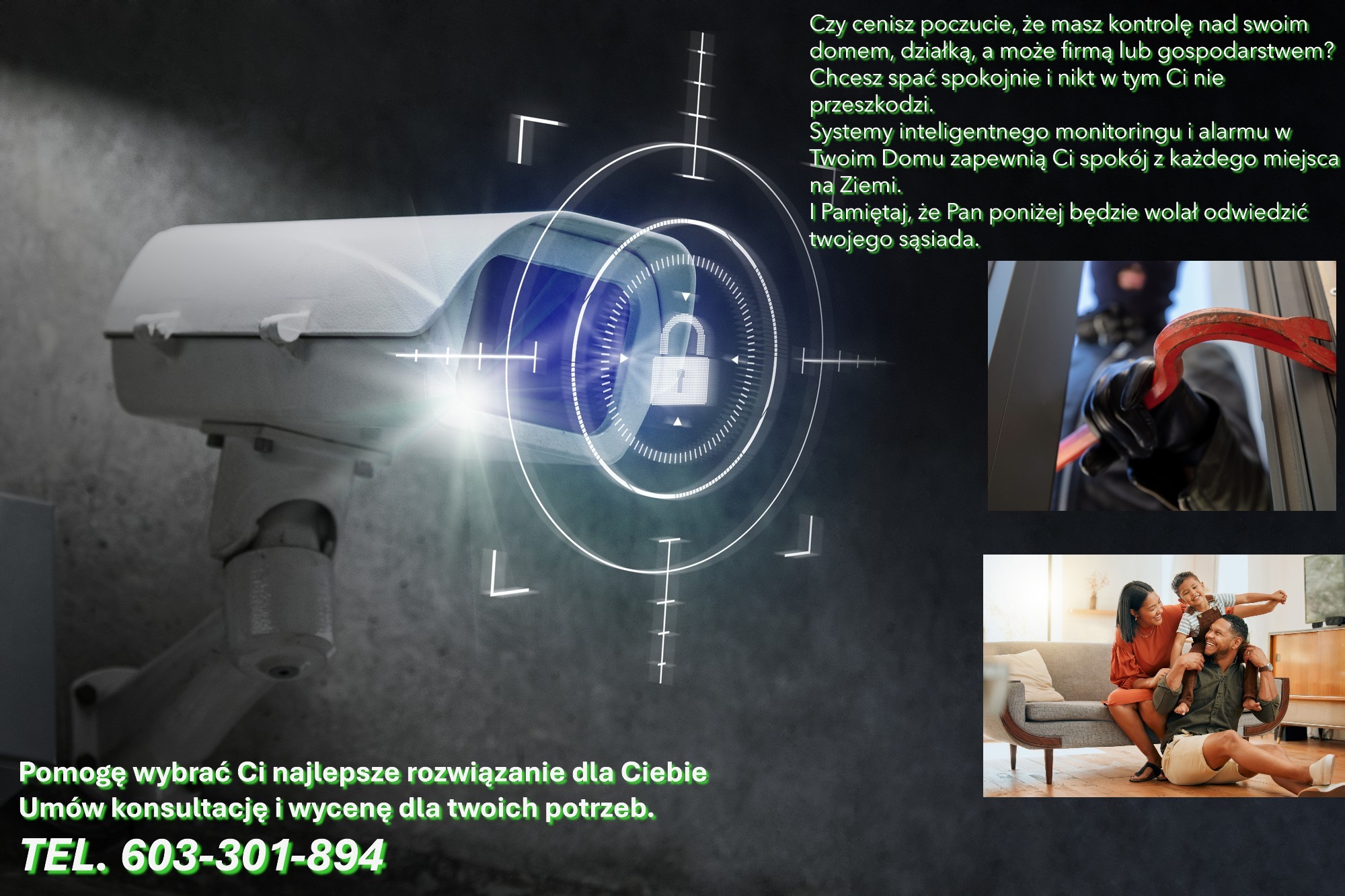 Kamera monitoringu z nałożonym graficznym celem, obok włamywacz i rodzina. Zapewnienie bezpieczeństwa domu i rodziny dzięki nowoczesnemu systemowi alarmowemu.