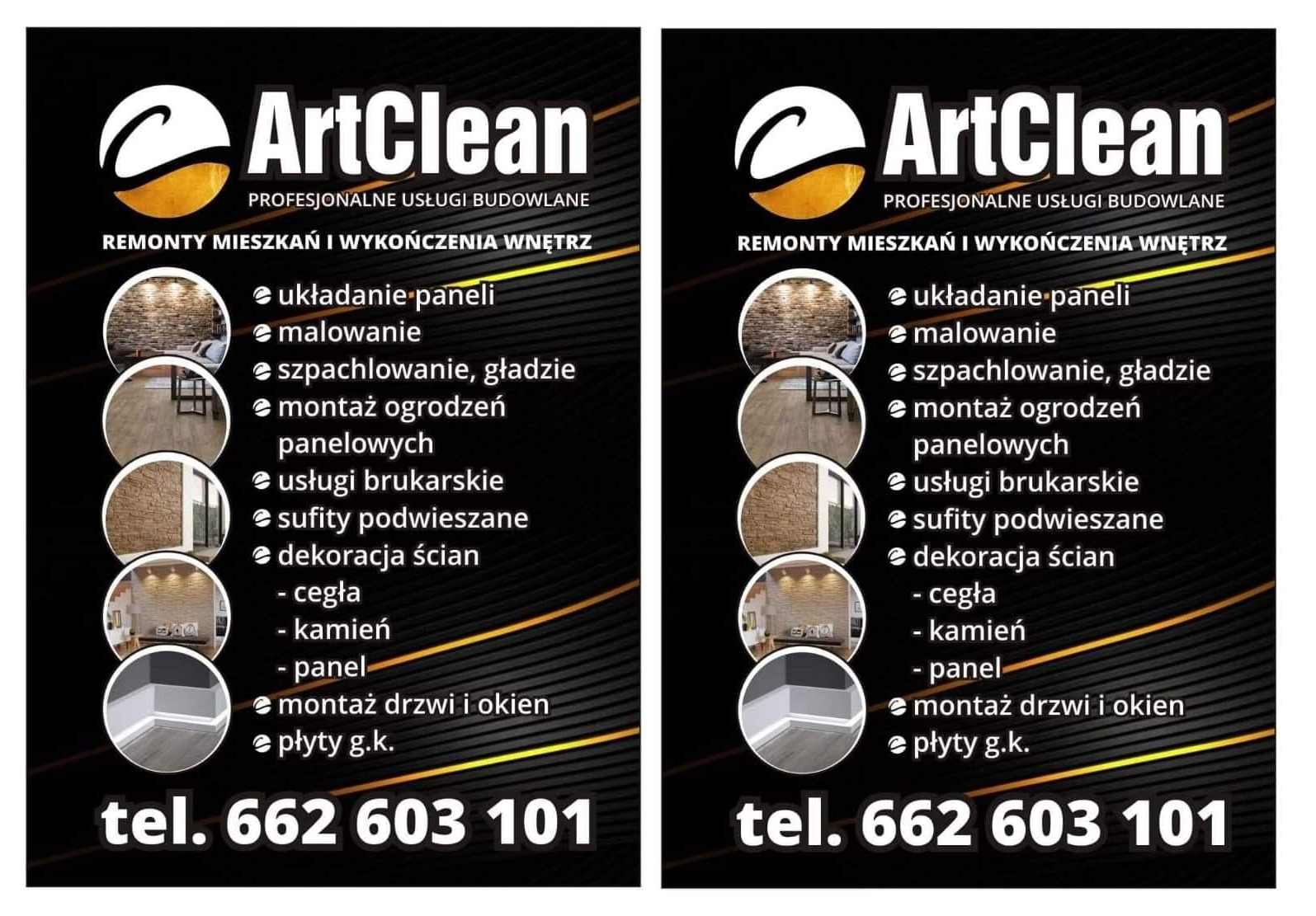 Plakat reklamowy firmy ArtClean oferującej remonty mieszkań i wykończenia wnętrz, z wykazem usług takich jak układanie paneli, malowanie, szpachlowanie, montaż ogrodzeń, usługi brukarskie, sufity...