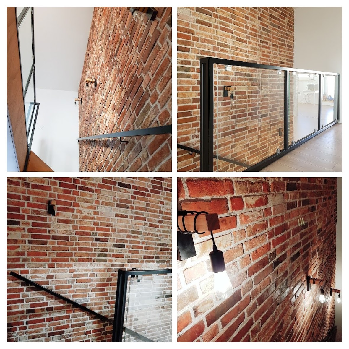Wnętrze z ceglaną ścianą, czarnymi balustradami ze szkła i nowoczesnym oświetleniem ściennym.